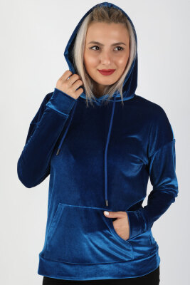 Kapüşonlu Kadife Sweatshirt Saks - Thumbnail