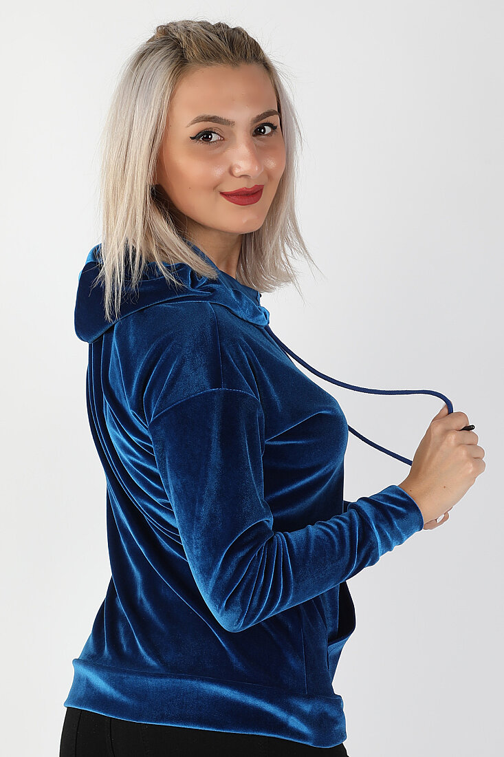 Kapüşonlu Kadife Sweatshirt Saks - 2