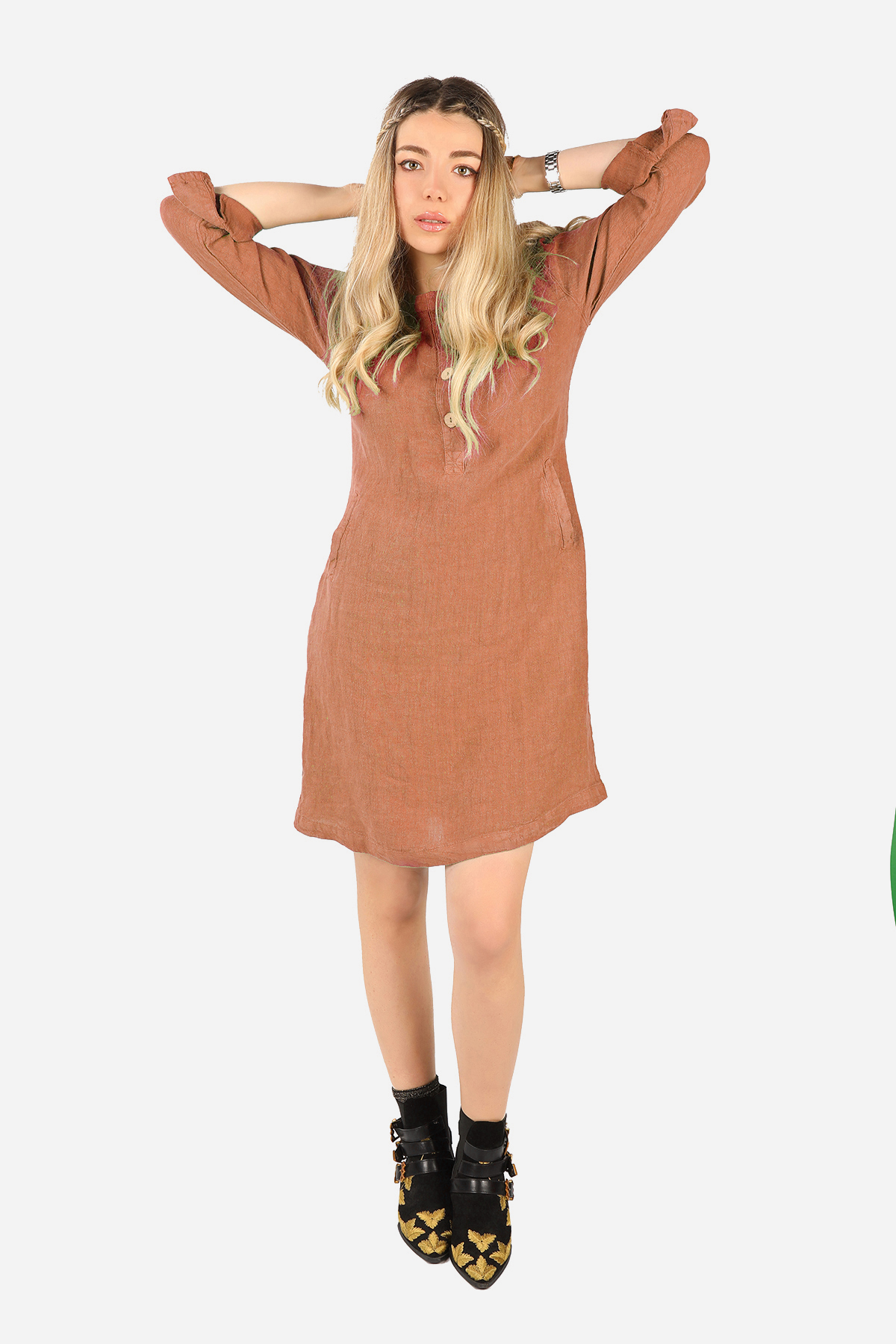 Balins - Keten Midi Elbise Kahverengi