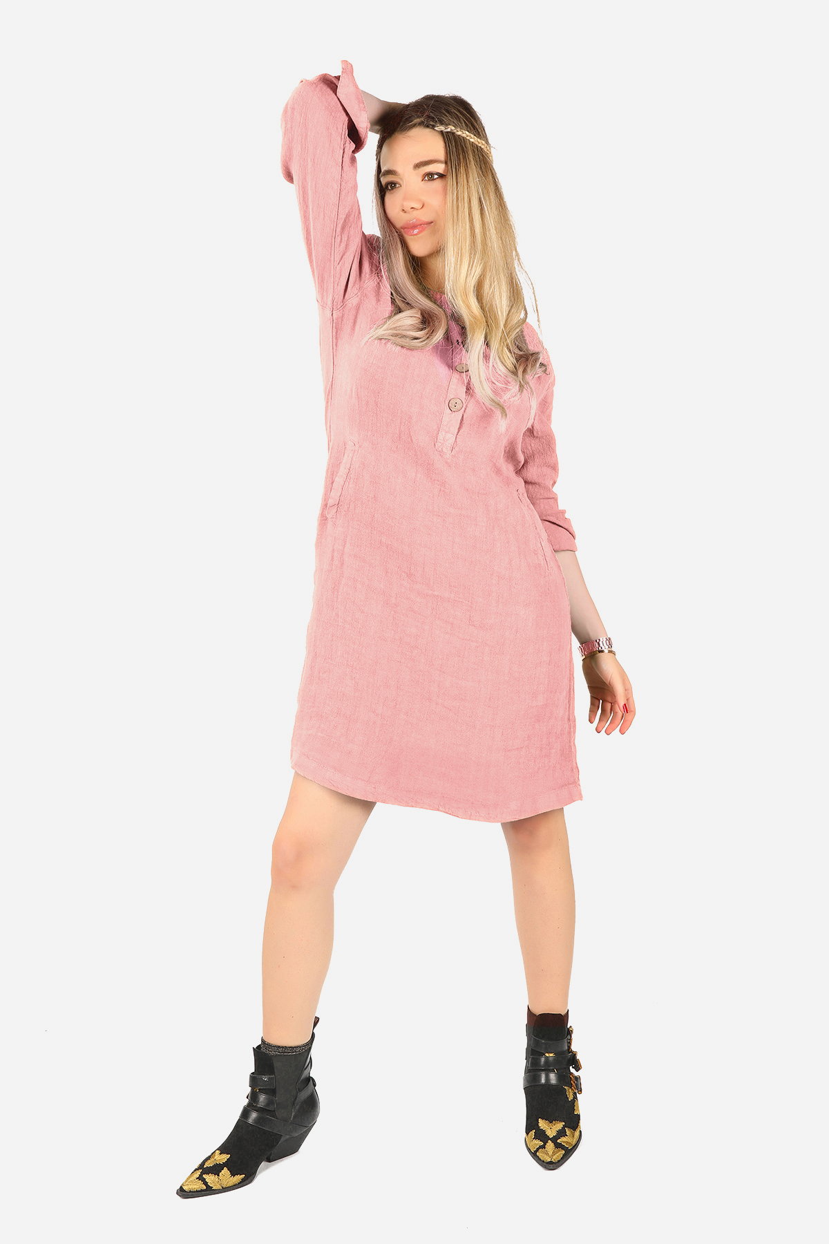 Balins - Keten Midi Elbise Pembe