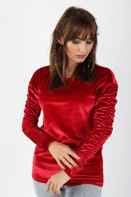 Kol Büzgülü Kadife Bluz Kırmızı - Thumbnail