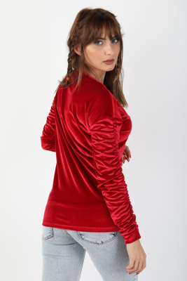 Kol Büzgülü Kadife Bluz Kırmızı - Thumbnail