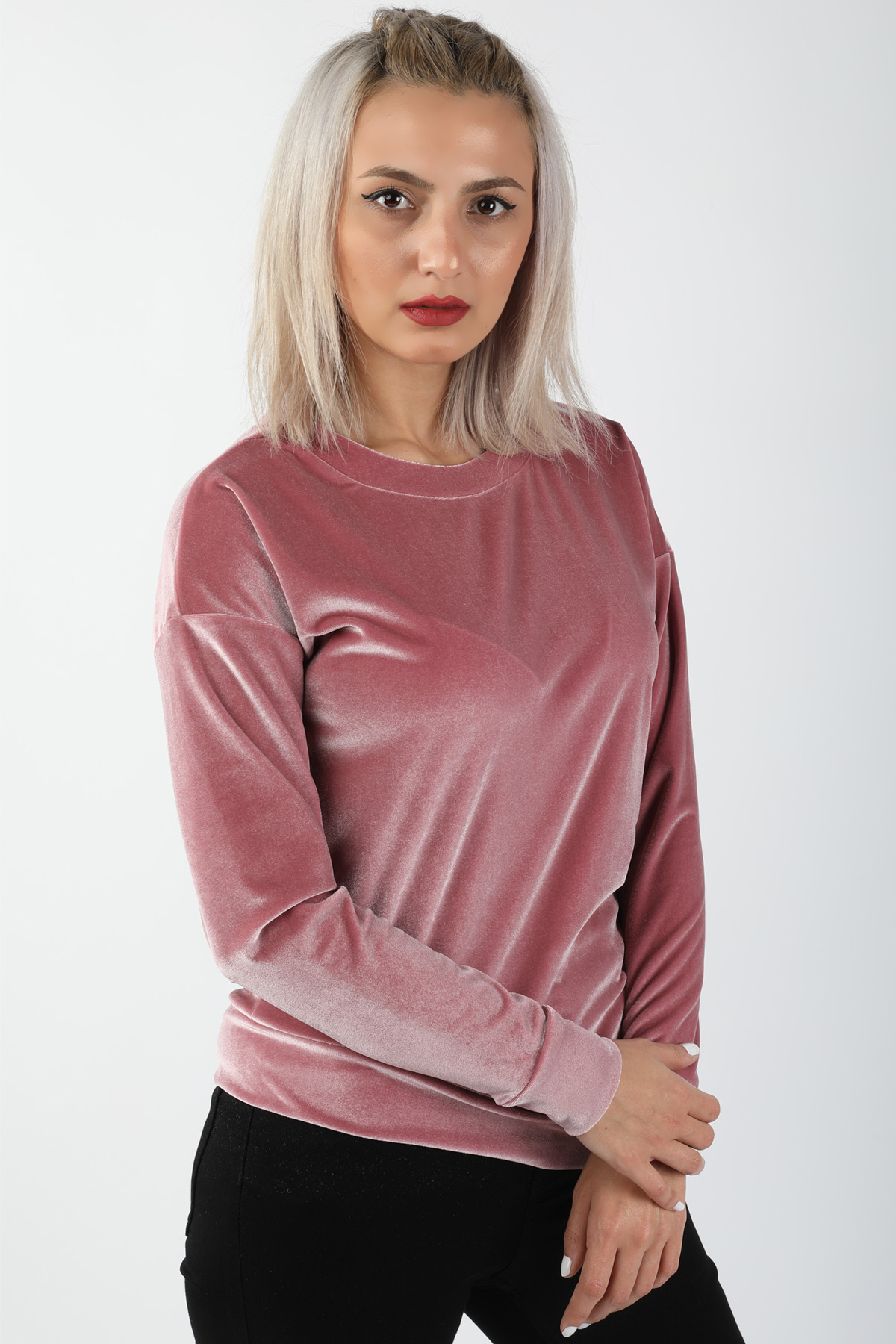 Balins - Kol Manşetli Kadife Bluz Pembe