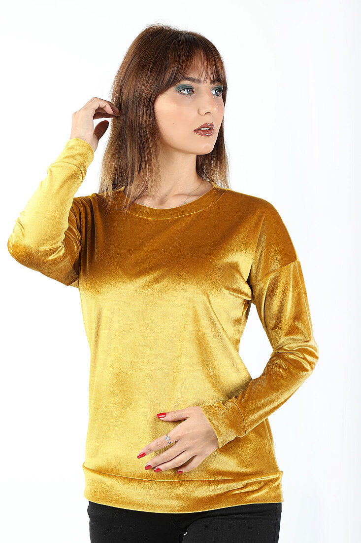 Kol Manşetli Kadife Bluz Sarı - 1