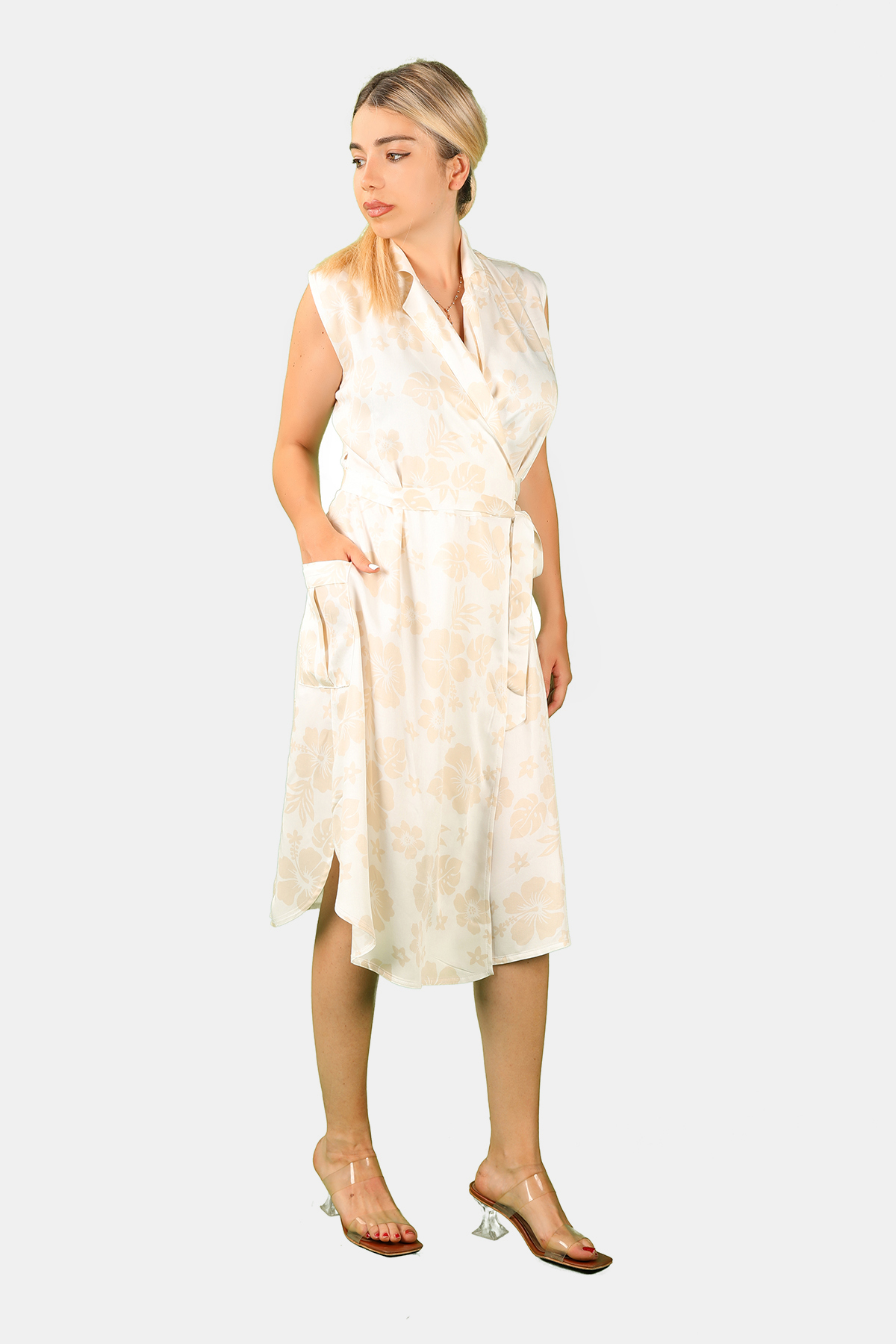 Balins - Kuşaklı Çiçek Desenli Bej Elbise Bej