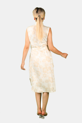 Kuşaklı Çiçek Desenli Bej Elbise Bej - Thumbnail