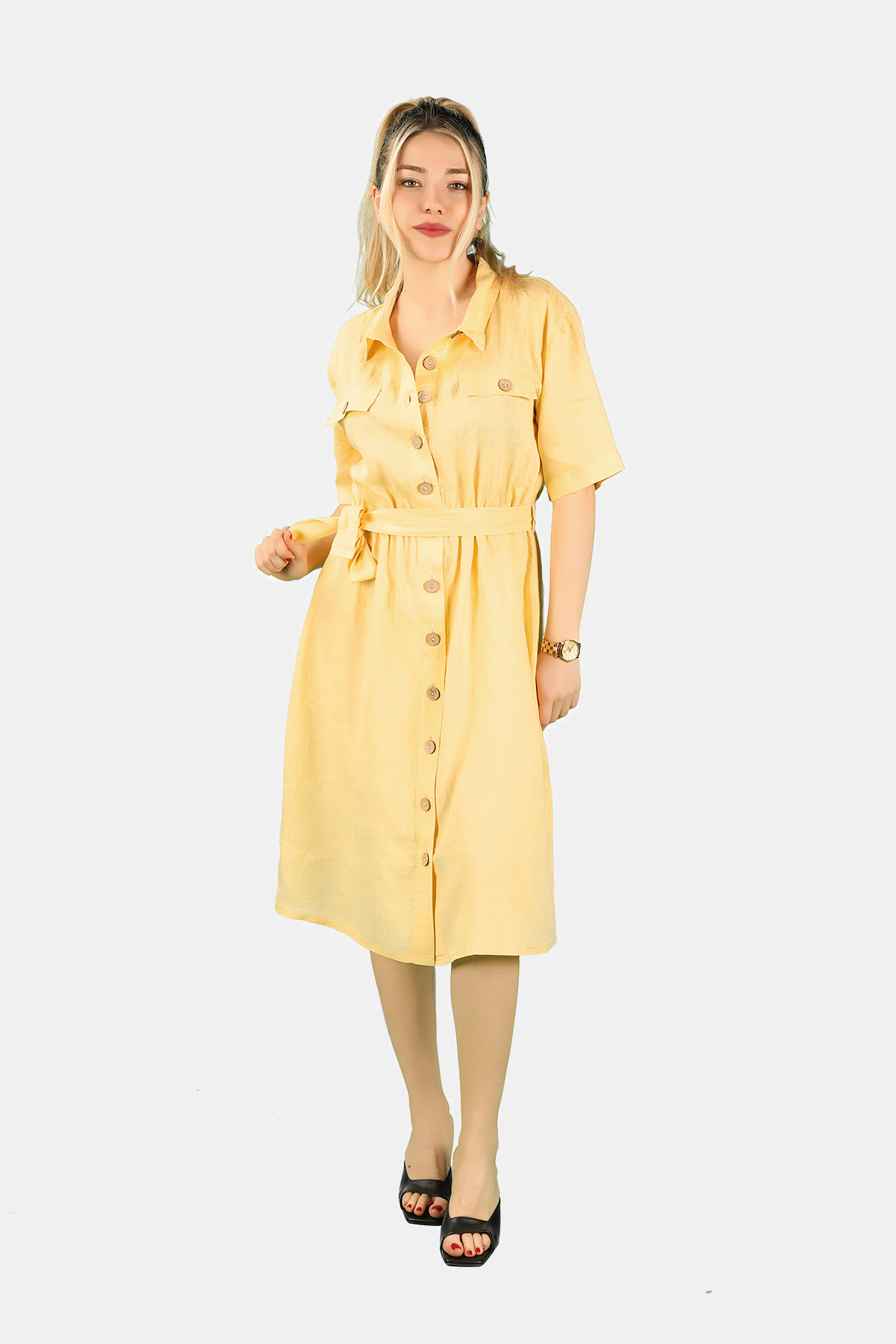 Balins - Önden Düğmeli Keten Elbise Sarı