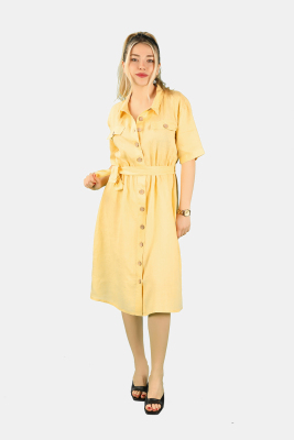 Önden Düğmeli Keten Elbise Sarı - Thumbnail
