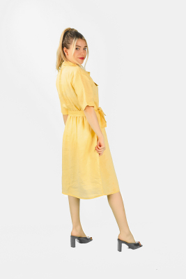 Önden Düğmeli Keten Elbise Sarı - Thumbnail