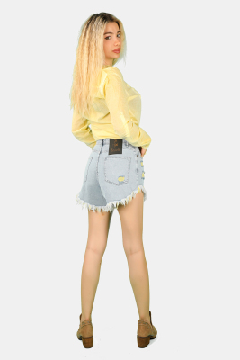 Renkli İp ve Yırdık Detaylı Püsküllü Şort Mavi-Sarı - Thumbnail