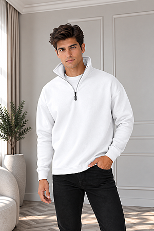 Unisex Balıkçı Yaka Beyaz Sweatshirt